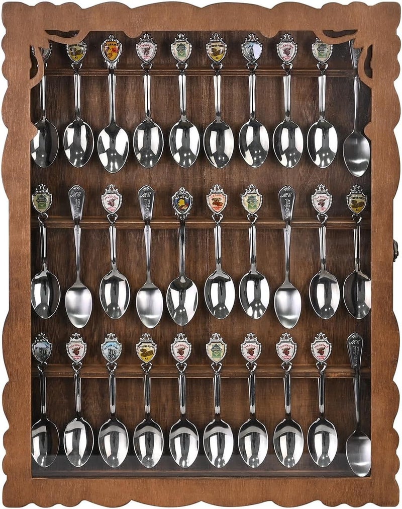 Ikee Design Wooden 30-Souvenir Spoon Display Case Cabinet, Wall-Mounted Tea Spoon Rack with Tempered Glass Suitable for Collection Display, 13.4W x 2.6D x 15.7H in - Image 1